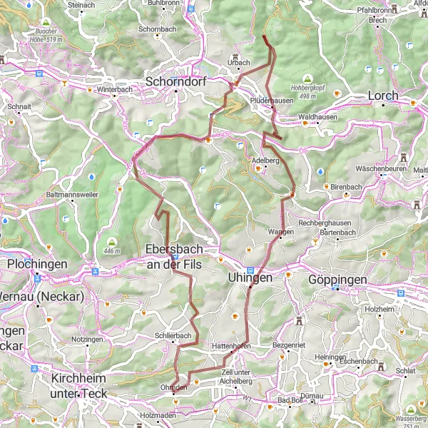 Karten-Miniaturansicht der Radinspiration "Ebersbach an der Fils nach Uhingen" in Stuttgart, Germany. Erstellt vom Tarmacs.app-Routenplaner für Radtouren