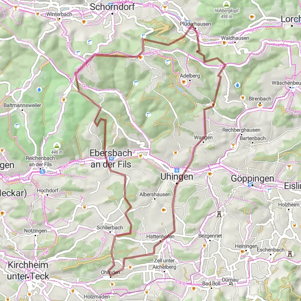 Map miniature of "Ebersbach an der Fils to Hintere Schur" cycling inspiration in Stuttgart, Germany. Generated by Tarmacs.app cycling route planner