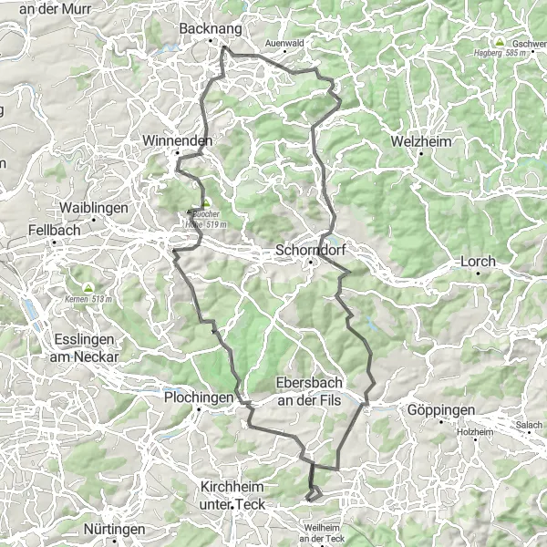 Map miniature of "Reichenbach an der Fils and Galgenberg Road Expedition" cycling inspiration in Stuttgart, Germany. Generated by Tarmacs.app cycling route planner