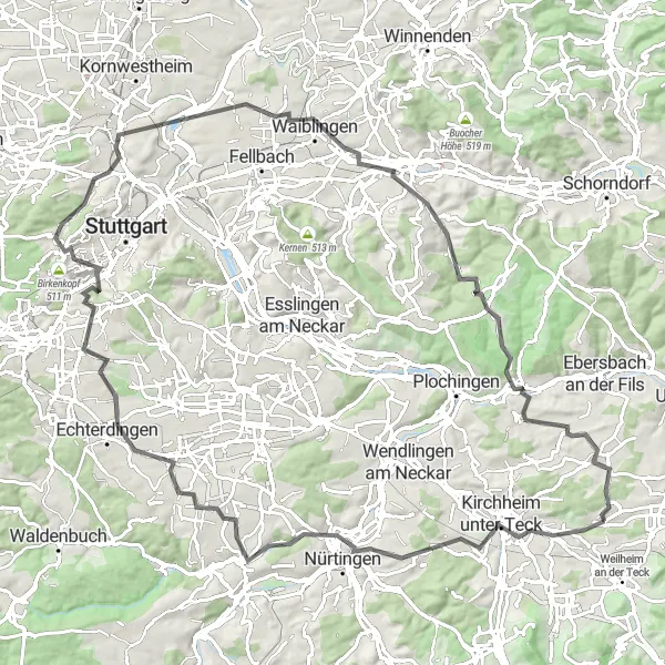 Map miniature of "The Swabian Hills Tour" cycling inspiration in Stuttgart, Germany. Generated by Tarmacs.app cycling route planner