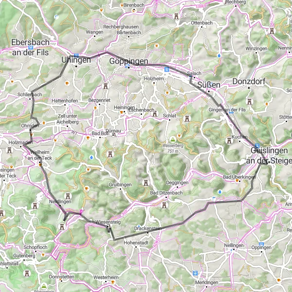 Karten-Miniaturansicht der Radinspiration "Road-Tour durchs Filstal und Tecktal" in Stuttgart, Germany. Erstellt vom Tarmacs.app-Routenplaner für Radtouren