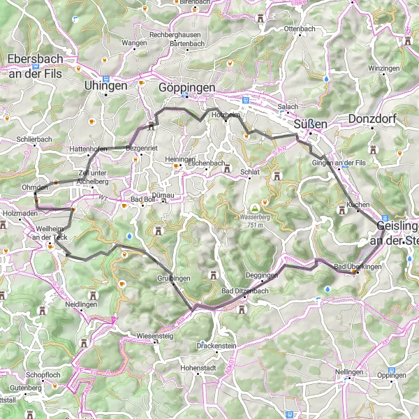 Map miniature of "The Gingen Loop" cycling inspiration in Stuttgart, Germany. Generated by Tarmacs.app cycling route planner
