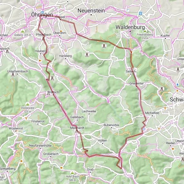 Karten-Miniaturansicht der Radinspiration "Rundfahrt von Öhringen nach Michelbach am Wald" in Stuttgart, Germany. Erstellt vom Tarmacs.app-Routenplaner für Radtouren