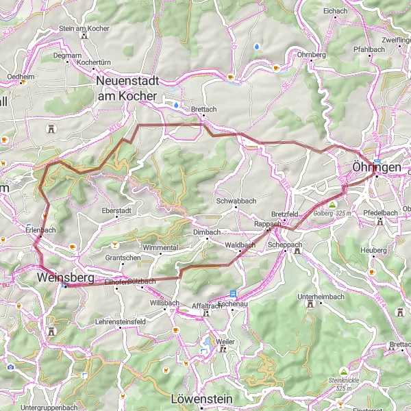 Karten-Miniaturansicht der Radinspiration "Rundkurs um Bretzfeld und Weinsberg" in Stuttgart, Germany. Erstellt vom Tarmacs.app-Routenplaner für Radtouren