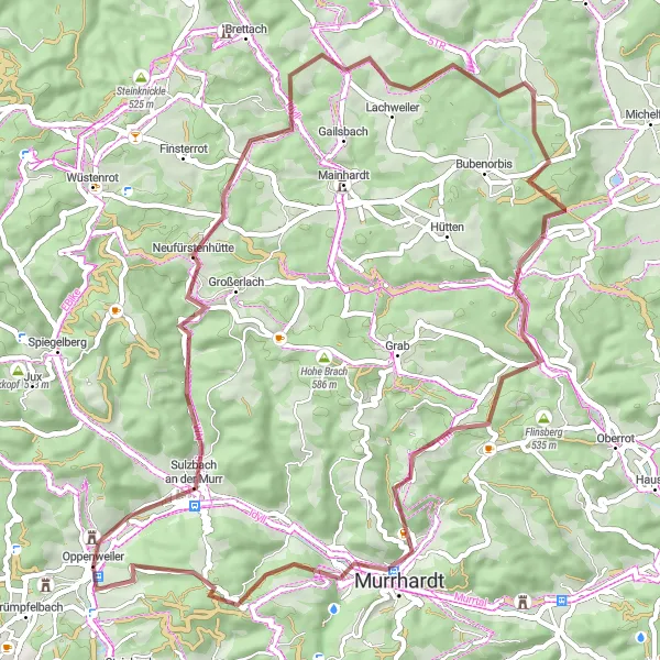 Map miniature of "Oppenweiler - Murrhardt Gravel Adventure" cycling inspiration in Stuttgart, Germany. Generated by Tarmacs.app cycling route planner