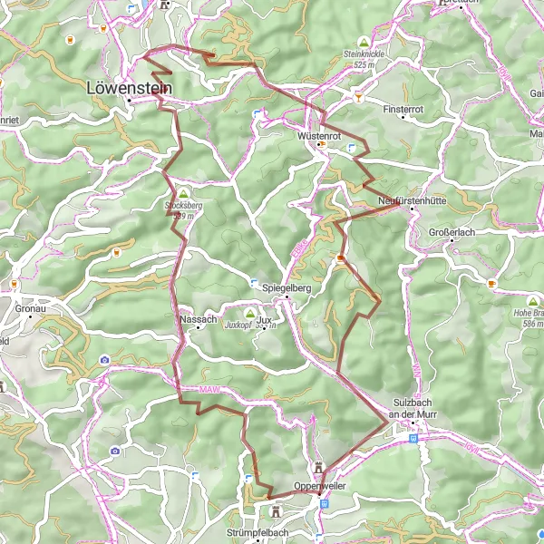 Map miniature of "Oppenweiler - Stocksberg Gravel Loop" cycling inspiration in Stuttgart, Germany. Generated by Tarmacs.app cycling route planner