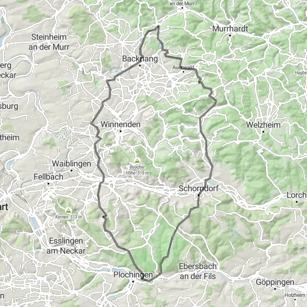 Map miniature of "Oppenweiler - Dresselberg Loop" cycling inspiration in Stuttgart, Germany. Generated by Tarmacs.app cycling route planner