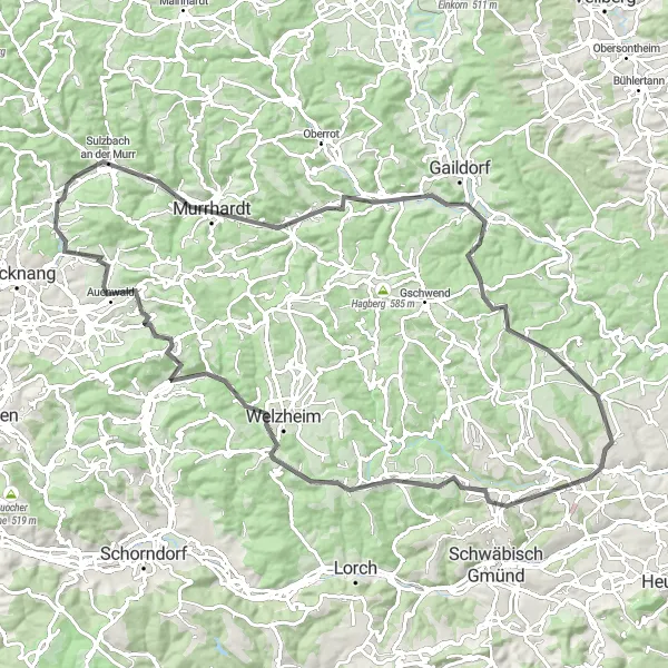Map miniature of "Oppenweiler - Sulzbach an der Murr Road Adventure" cycling inspiration in Stuttgart, Germany. Generated by Tarmacs.app cycling route planner