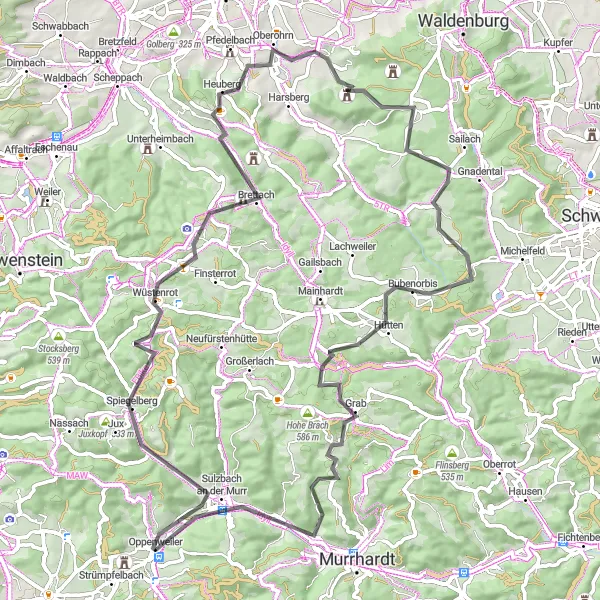 Karten-Miniaturansicht der Radinspiration "Road Tour um Oppenweiler - Spiegelberg Loop" in Stuttgart, Germany. Erstellt vom Tarmacs.app-Routenplaner für Radtouren