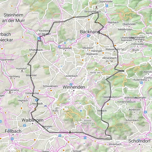 Karten-Miniaturansicht der Radinspiration "Road Tour um Oppenweiler" in Stuttgart, Germany. Erstellt vom Tarmacs.app-Routenplaner für Radtouren