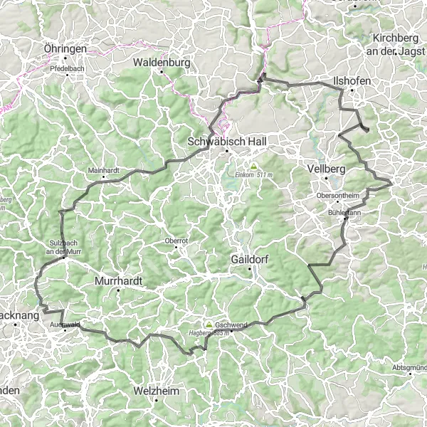 Karten-Miniaturansicht der Radinspiration "Road Tour um Oppenweiler - Wasserschloss Loop" in Stuttgart, Germany. Erstellt vom Tarmacs.app-Routenplaner für Radtouren