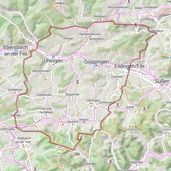 Karten-Miniaturansicht der Radinspiration "Gravelabenteuer nach Birenbach und Hohenstaufen" in Stuttgart, Germany. Erstellt vom Tarmacs.app-Routenplaner für Radtouren