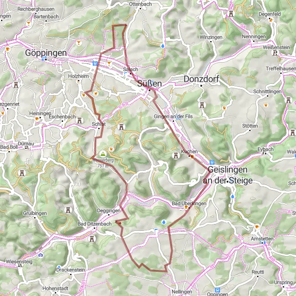 Map miniature of "Süßen Gravel Ride" cycling inspiration in Stuttgart, Germany. Generated by Tarmacs.app cycling route planner