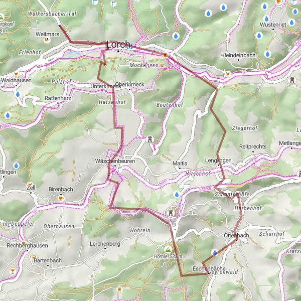 Map miniature of "Hörnle and More Gravel Adventure" cycling inspiration in Stuttgart, Germany. Generated by Tarmacs.app cycling route planner
