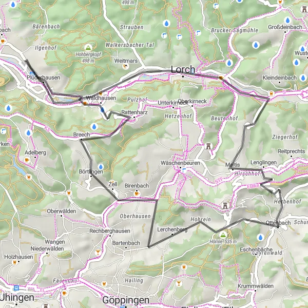 Karten-Miniaturansicht der Radinspiration "Tour zu den Höhepunkten von Börtlingen und Lorch" in Stuttgart, Germany. Erstellt vom Tarmacs.app-Routenplaner für Radtouren