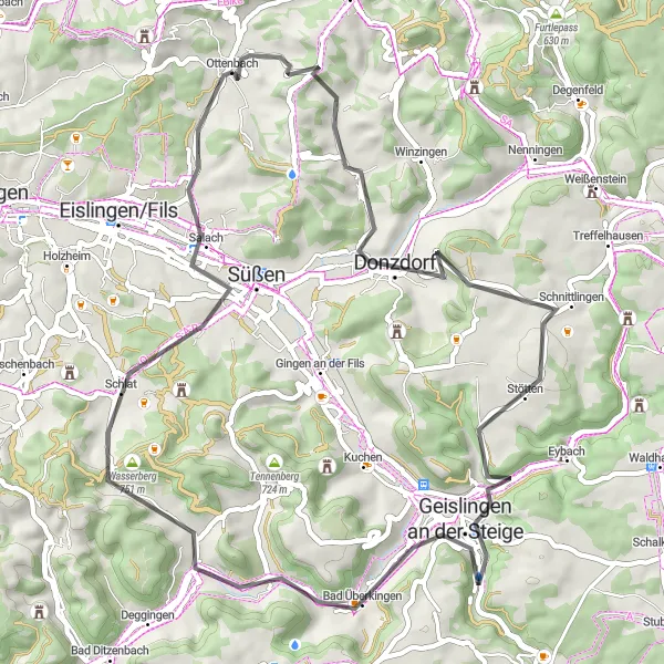 Map miniature of "Donzdorf and Messelberg Loop" cycling inspiration in Stuttgart, Germany. Generated by Tarmacs.app cycling route planner