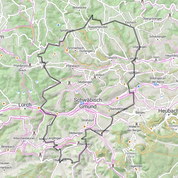 Map miniature of "Reichenhof Loop: A Road Cyclist's Delight" cycling inspiration in Stuttgart, Germany. Generated by Tarmacs.app cycling route planner