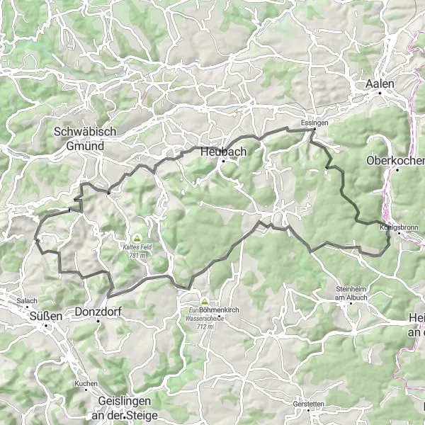 Karten-Miniaturansicht der Radinspiration "Rechberg und Königsbronn Rundtour" in Stuttgart, Germany. Erstellt vom Tarmacs.app-Routenplaner für Radtouren