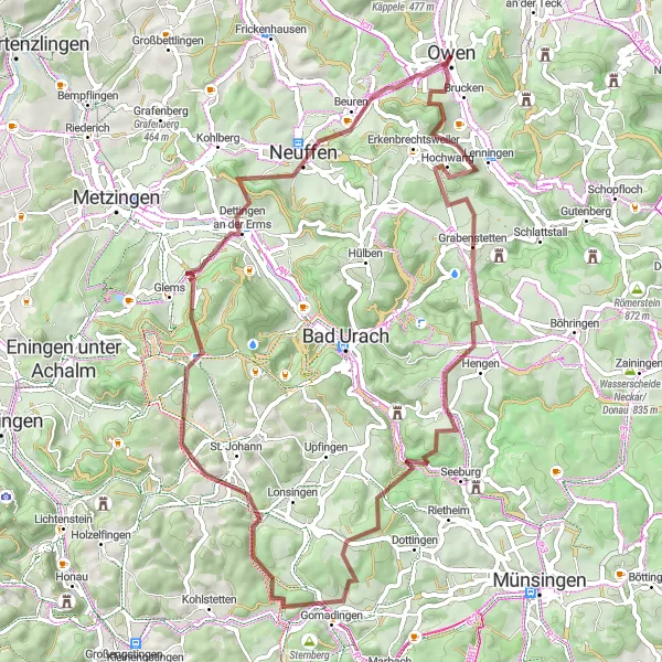 Karten-Miniaturansicht der Radinspiration "Lenningen und Gomadingen Gravel Tour" in Stuttgart, Germany. Erstellt vom Tarmacs.app-Routenplaner für Radtouren