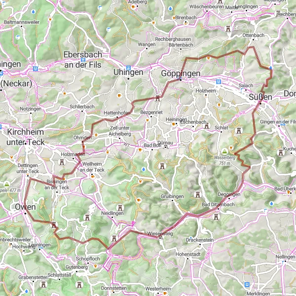 Karten-Miniaturansicht der Radinspiration "Gravel-Route um Owen herum" in Stuttgart, Germany. Erstellt vom Tarmacs.app-Routenplaner für Radtouren