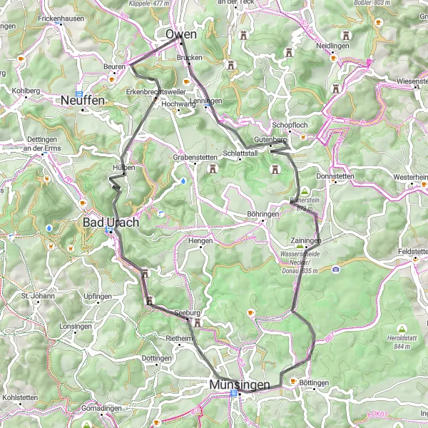 Map miniature of "Owen to Münsingen Road Adventure" cycling inspiration in Stuttgart, Germany. Generated by Tarmacs.app cycling route planner