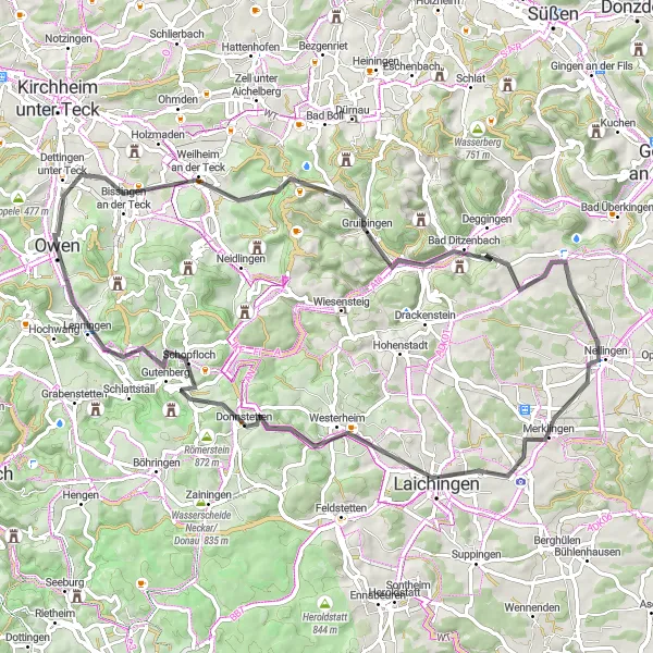 Karten-Miniaturansicht der Radinspiration "Dettingen unter Teck und Wasserturm Machtolsheim Road Tour" in Stuttgart, Germany. Erstellt vom Tarmacs.app-Routenplaner für Radtouren