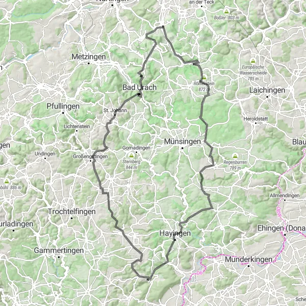 Map miniature of "The Jura and Hohenneuffen Round" cycling inspiration in Stuttgart, Germany. Generated by Tarmacs.app cycling route planner