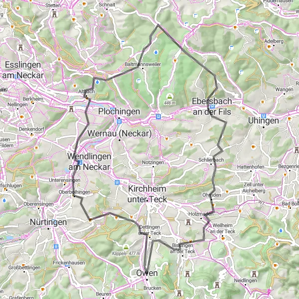 Map miniature of "The Hillside Adventure" cycling inspiration in Stuttgart, Germany. Generated by Tarmacs.app cycling route planner