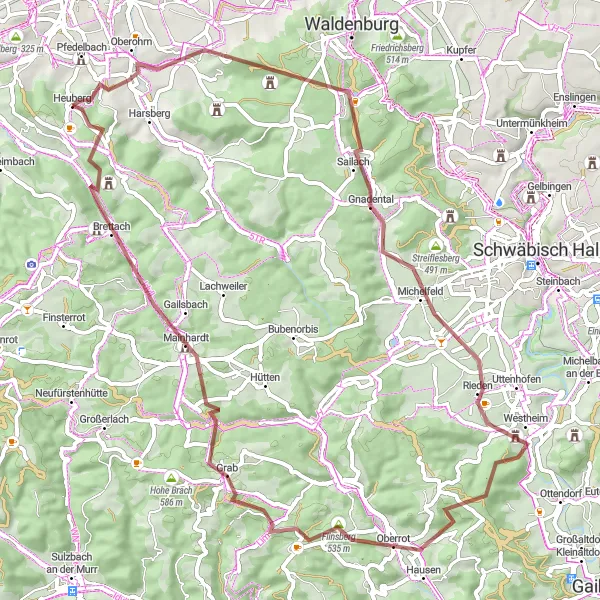 Map miniature of "Hidden Gravel Trails" cycling inspiration in Stuttgart, Germany. Generated by Tarmacs.app cycling route planner