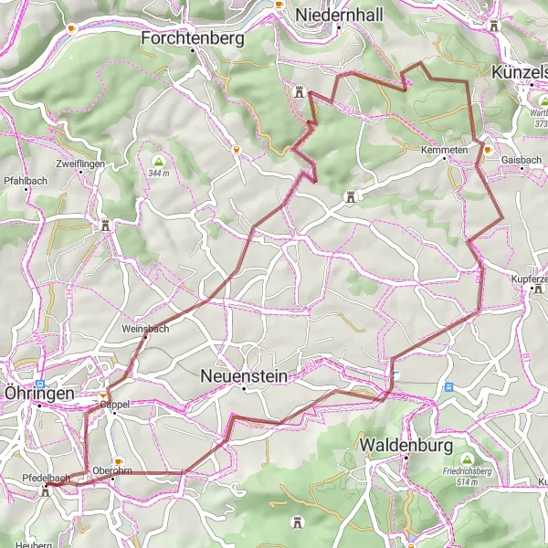 Karten-Miniaturansicht der Radinspiration "Gravel-Tour um Pfedelbach" in Stuttgart, Germany. Erstellt vom Tarmacs.app-Routenplaner für Radtouren