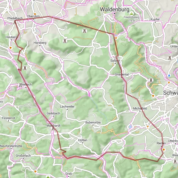 Karten-Miniaturansicht der Radinspiration "Gravel Tour um Pfedelbach" in Stuttgart, Germany. Erstellt vom Tarmacs.app-Routenplaner für Radtouren
