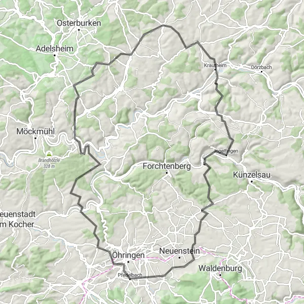 Map miniature of "Hohenlohe Loop" cycling inspiration in Stuttgart, Germany. Generated by Tarmacs.app cycling route planner