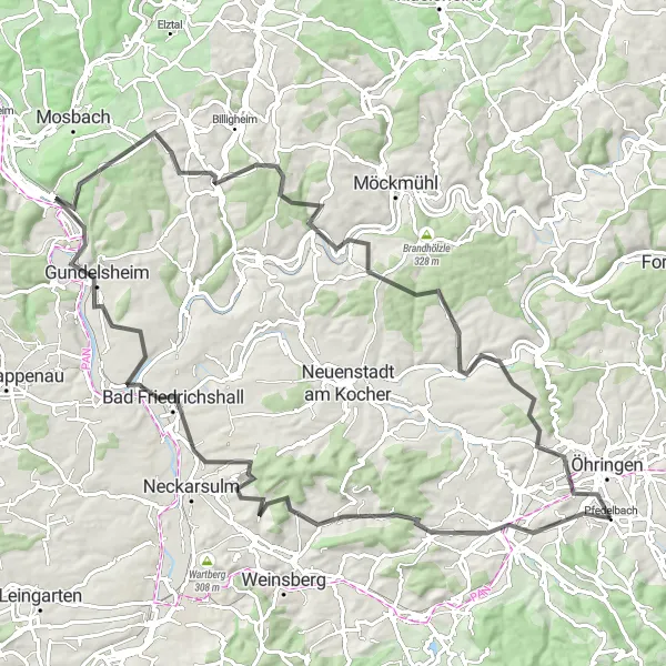 Map miniature of "Hills and Valleys" cycling inspiration in Stuttgart, Germany. Generated by Tarmacs.app cycling route planner