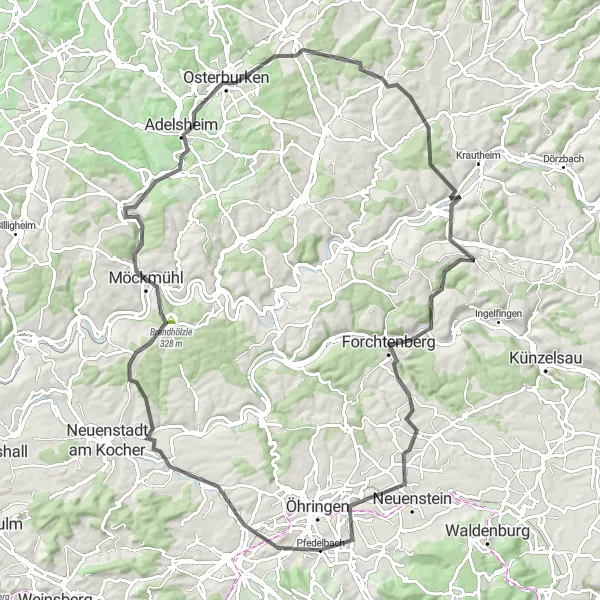 Karten-Miniaturansicht der Radinspiration "Weinberge und Kultur - Rundkurs ab Pfedelbach" in Stuttgart, Germany. Erstellt vom Tarmacs.app-Routenplaner für Radtouren