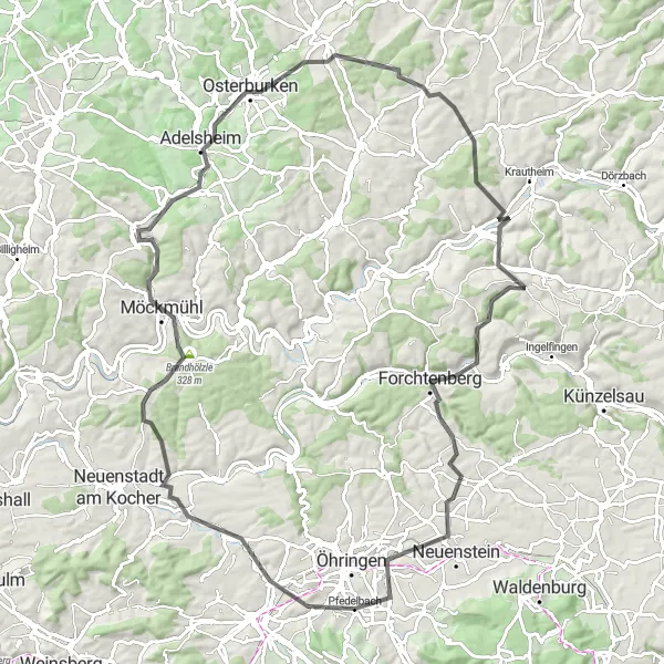 Map miniature of "Mystical Landscapes" cycling inspiration in Stuttgart, Germany. Generated by Tarmacs.app cycling route planner