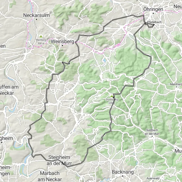 Karten-Miniaturansicht der Radinspiration "Rund um Pfedelbach - Weinberge und Burgruinen" in Stuttgart, Germany. Erstellt vom Tarmacs.app-Routenplaner für Radtouren