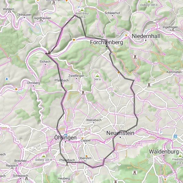 Karten-Miniaturansicht der Radinspiration "Straßenradtour durch die Umgebung von Pfedelbach" in Stuttgart, Germany. Erstellt vom Tarmacs.app-Routenplaner für Radtouren