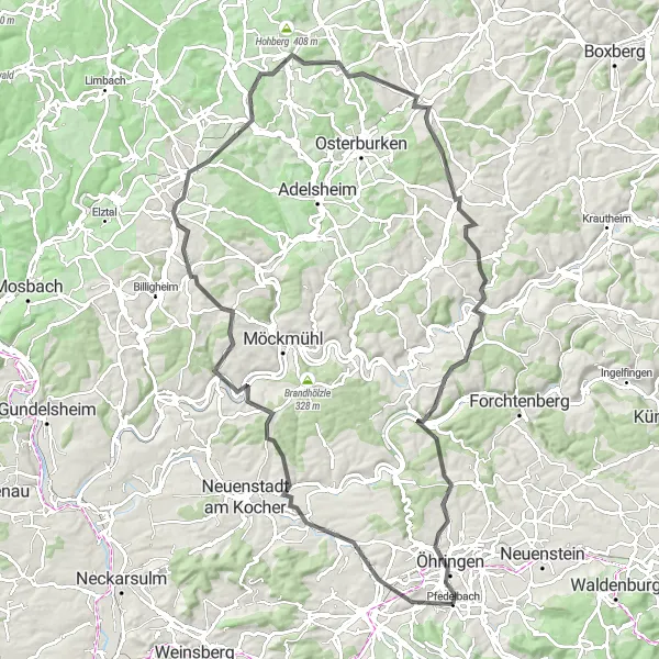 Karten-Miniaturansicht der Radinspiration "Hügel und Historie - Rundtour ab Pfedelbach" in Stuttgart, Germany. Erstellt vom Tarmacs.app-Routenplaner für Radtouren