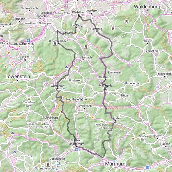 Map miniature of "The Pfedelbach Castle Route" cycling inspiration in Stuttgart, Germany. Generated by Tarmacs.app cycling route planner
