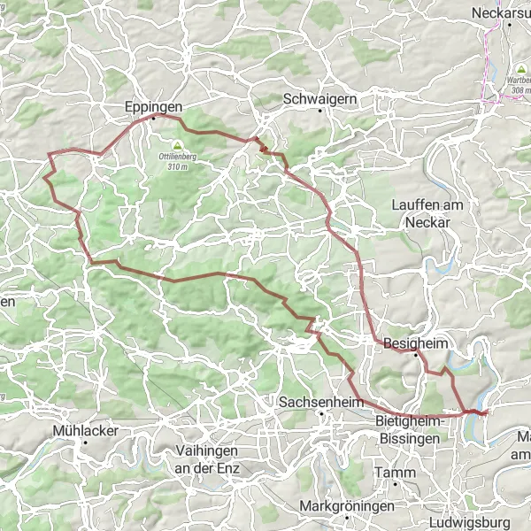 Map miniature of "Gravel Adventure around Pleidelsheim" cycling inspiration in Stuttgart, Germany. Generated by Tarmacs.app cycling route planner