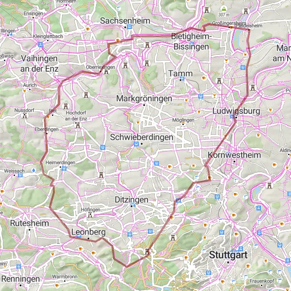 Map miniature of "Exploring Nature by Gravel" cycling inspiration in Stuttgart, Germany. Generated by Tarmacs.app cycling route planner