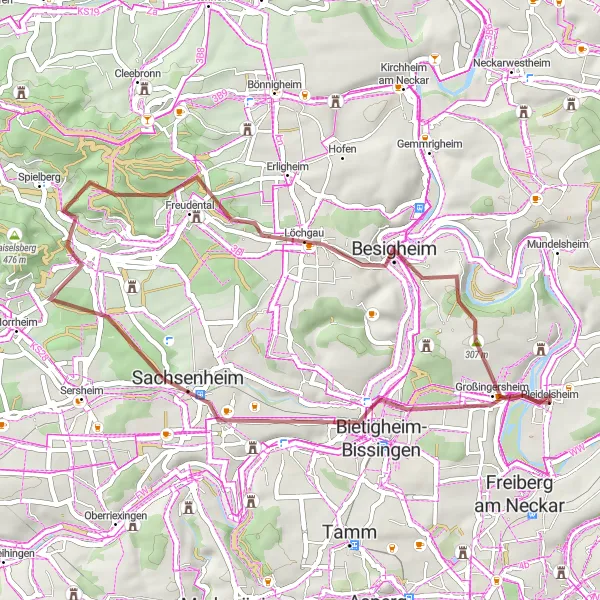 Map miniature of "Gravel Delight: Around Pleidelsheim and Back" cycling inspiration in Stuttgart, Germany. Generated by Tarmacs.app cycling route planner