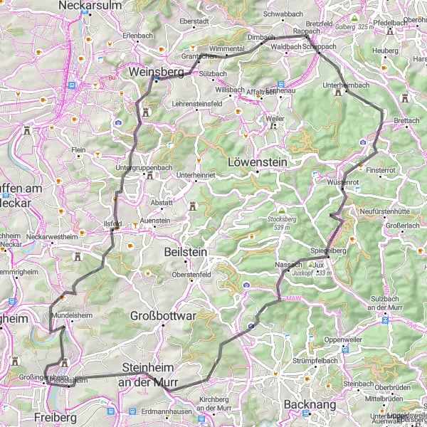 Map miniature of "Epic Heights and Charming Villages" cycling inspiration in Stuttgart, Germany. Generated by Tarmacs.app cycling route planner