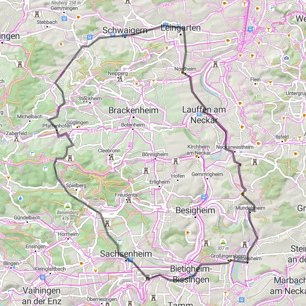 Map miniature of "Road Cycling Pleasures near Pleidelsheim" cycling inspiration in Stuttgart, Germany. Generated by Tarmacs.app cycling route planner
