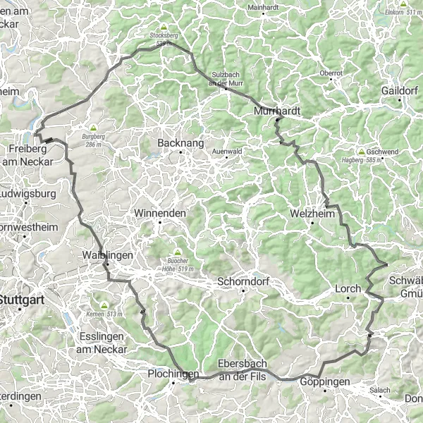 Map miniature of "Road Cycling Challenges: Pleidelsheim and Beyond" cycling inspiration in Stuttgart, Germany. Generated by Tarmacs.app cycling route planner