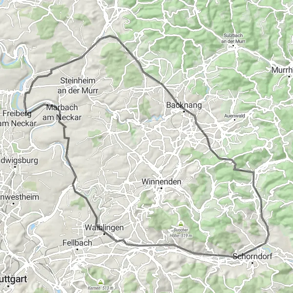 Karten-Miniaturansicht der Radinspiration "Hügelige Landschaften um Marbach am Neckar" in Stuttgart, Germany. Erstellt vom Tarmacs.app-Routenplaner für Radtouren