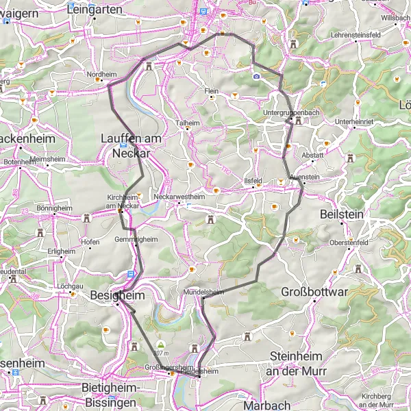 Karten-Miniaturansicht der Radinspiration "Panoramastraßen um Mundelsheim" in Stuttgart, Germany. Erstellt vom Tarmacs.app-Routenplaner für Radtouren