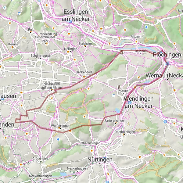 Karten-Miniaturansicht der Radinspiration "Rund um Plochingen Gravel Tour" in Stuttgart, Germany. Erstellt vom Tarmacs.app-Routenplaner für Radtouren