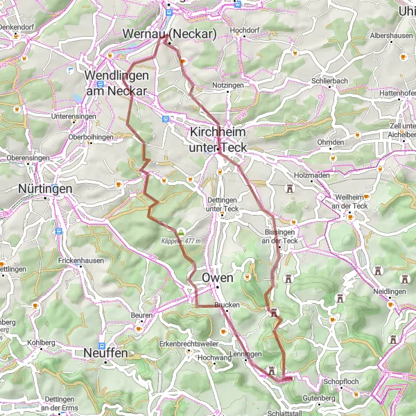 Map miniature of "The Hills and Valleys" cycling inspiration in Stuttgart, Germany. Generated by Tarmacs.app cycling route planner