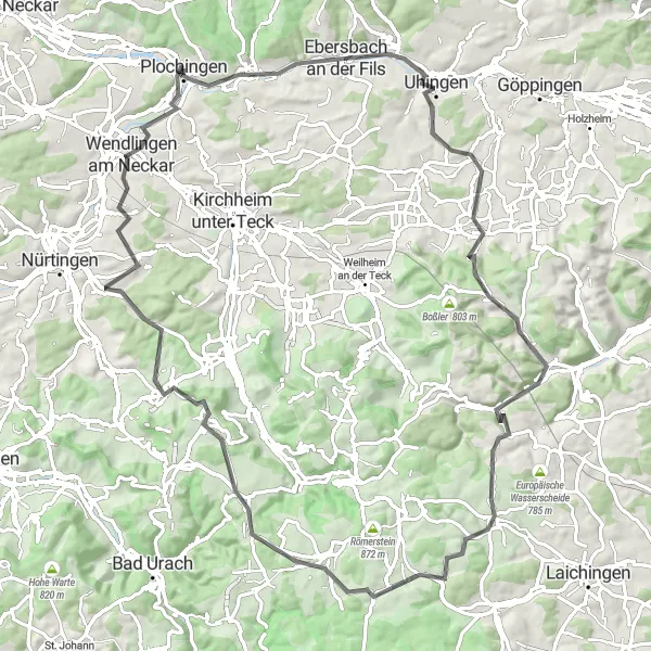 Karten-Miniaturansicht der Radinspiration "Rund um Plochingen - Roadbike Tour 2" in Stuttgart, Germany. Erstellt vom Tarmacs.app-Routenplaner für Radtouren